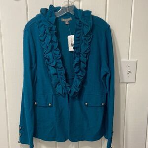 Blue green jacket with ruffle‎ and brass looking buttons